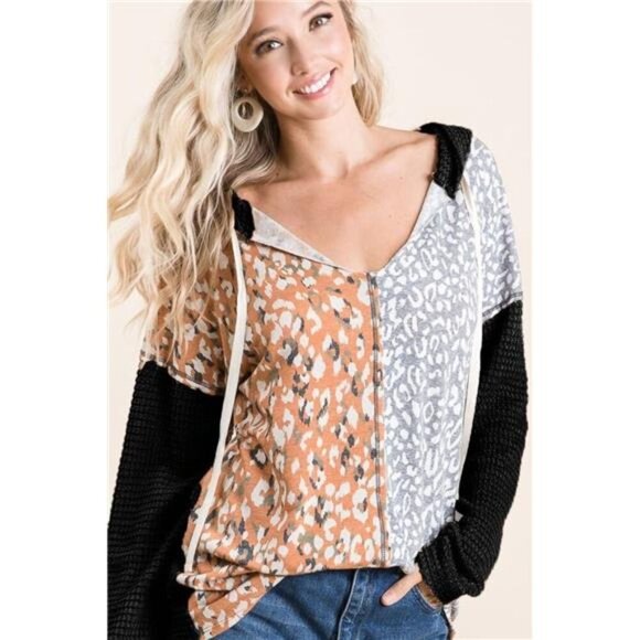 BiBi Popcorn Waffle Knit Hoodie with Print Block Front - Picture 1 of 3